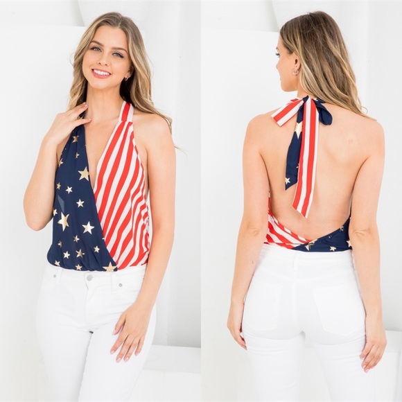 USA FLAG NAVY RED STARS & STRIPES PRINT HALTER BOW-TIE NECK SURPLICE BODYSUIT - Picture 1 of 10